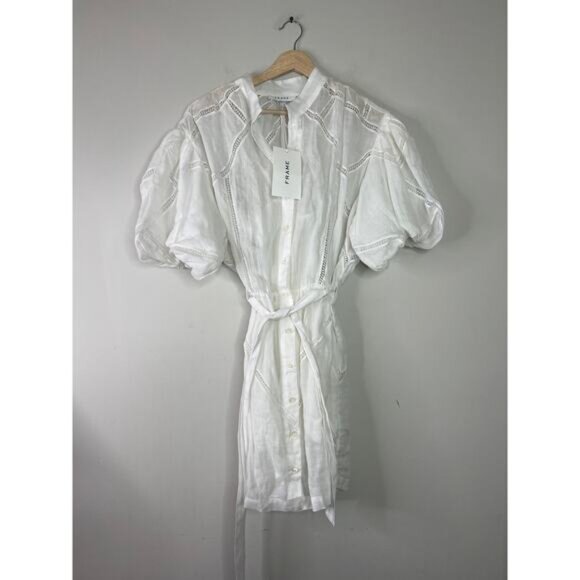 NWT Frame Inset Lace Puff Sleeve Button Front Dress White Blanc Size: Large - Picture 2 of 8